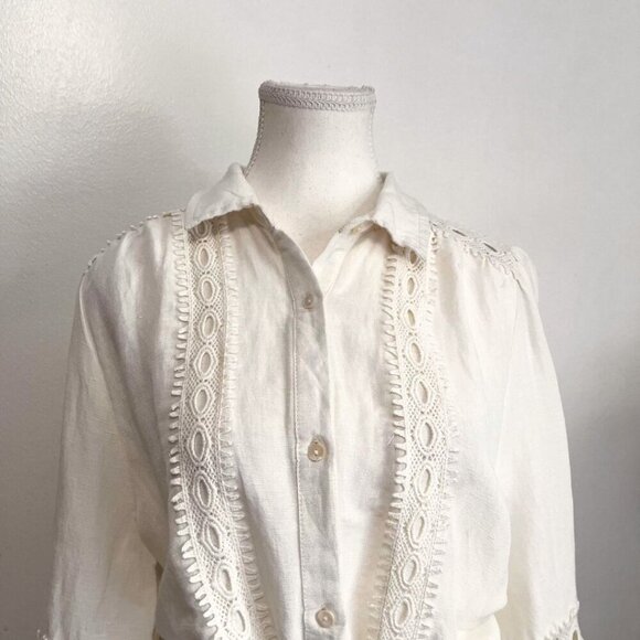 NWT CAROLINE CONSTAS IVORY WHITE LINEN BLEND EMBROIDERED BELTED MAXI SHIRT DRESS - Picture 4 of 13